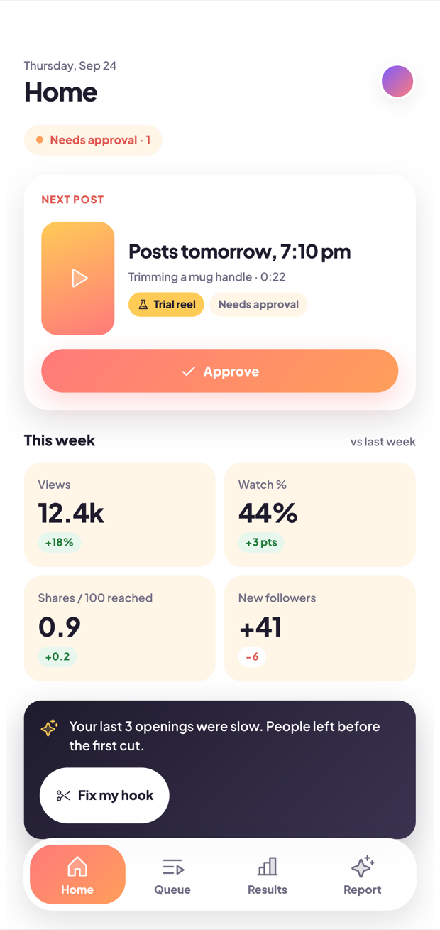 The Reelday home screen: the next reel scheduled, and this week's numbers.
